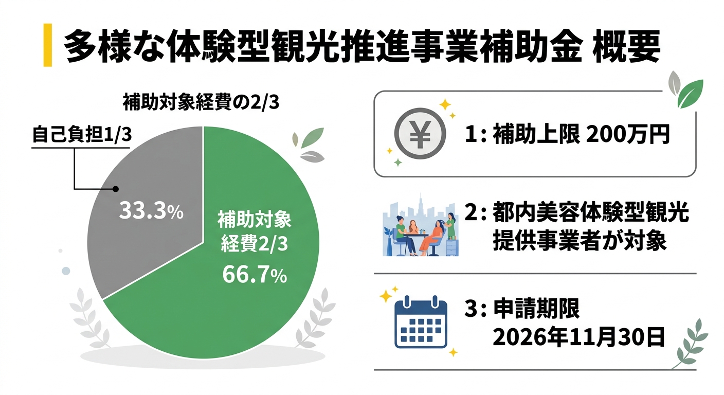多様な体験型観光推進事業補助金の補助率・概要インフォグラフィック