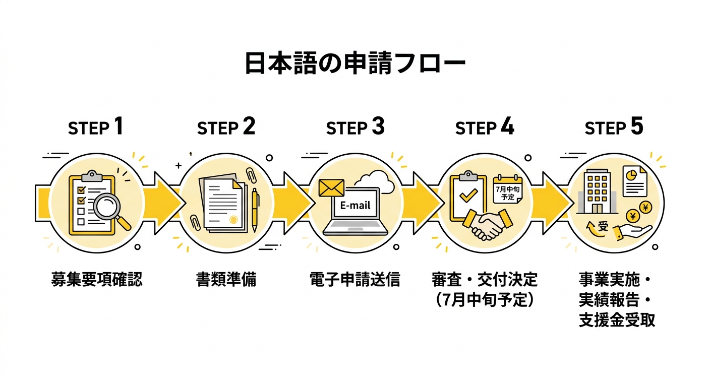 申請フロー図 募集要項確認から支援金受取まで5ステップ