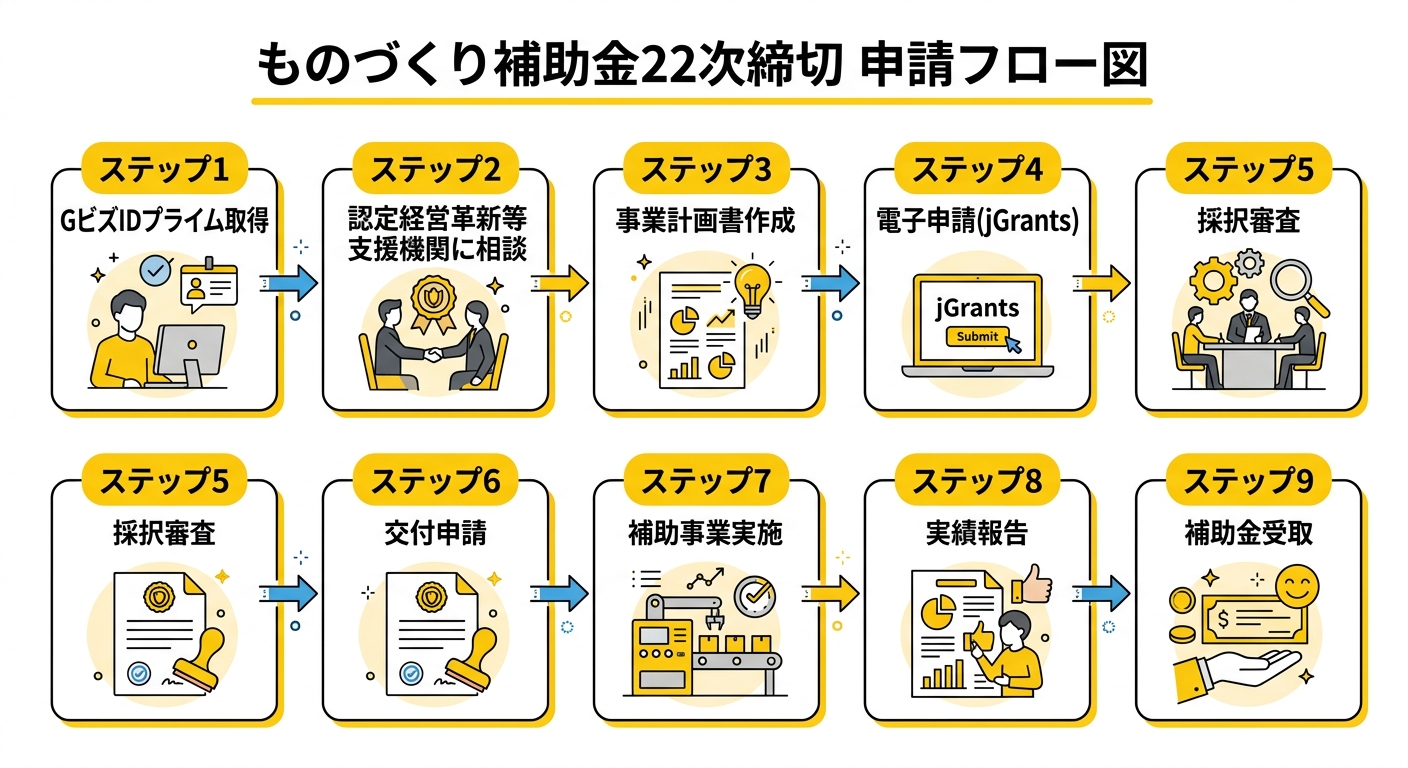 ものづくり補助金22次締切 申請フロー図