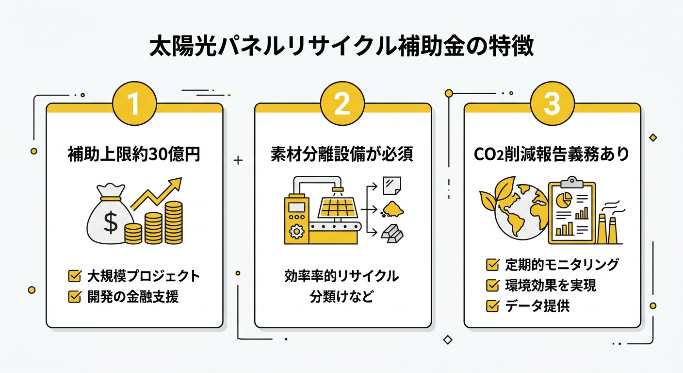 太陽光パネルリサイクル補助金の3つの特徴まとめ図（補助率・対象・リサイクル要件）