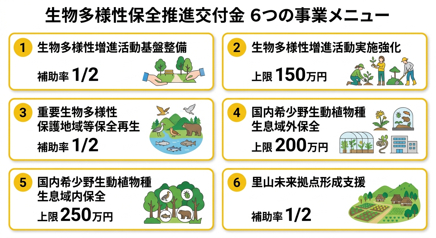 生物多様性保全推進交付金 6つの事業メニューと補助額