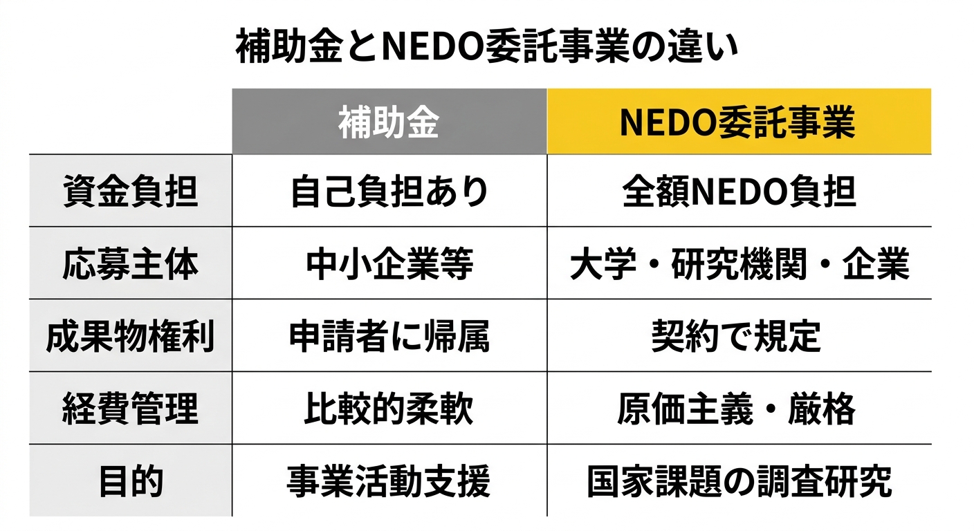 補助金とNEDO委託事業の比較表