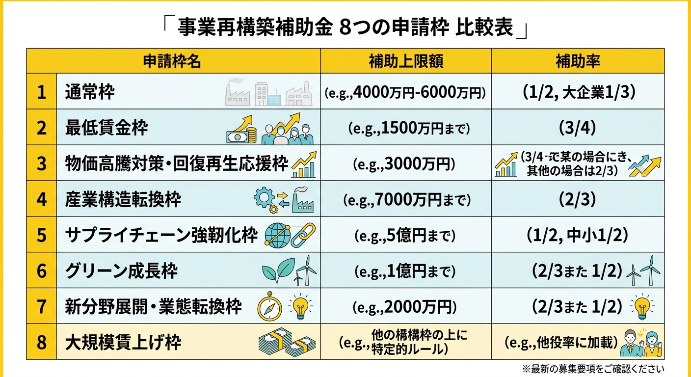 事業再構築補助金 8事業類型の補助上限額比較