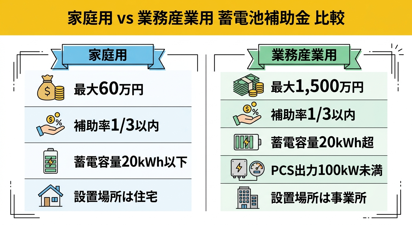 家庭用 vs 業務産業用 蓄電池補助金 比較