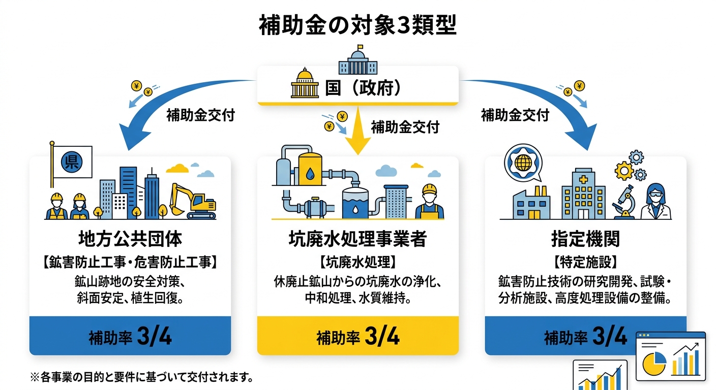 休廃止鉱山鉱害防止等工事費補助金の補助対象3類型の比較図