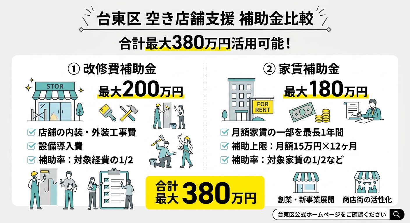 台東区商店街空き店舗活用支援 家賃補助と改修費補助の比較図