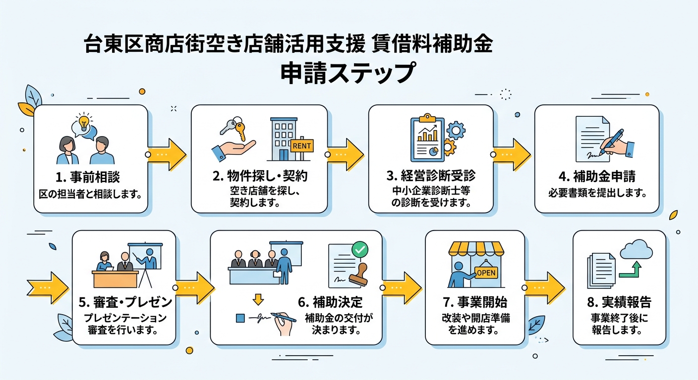 台東区商店街空き店舗活用支援 賃借料補助金 申請フロー図