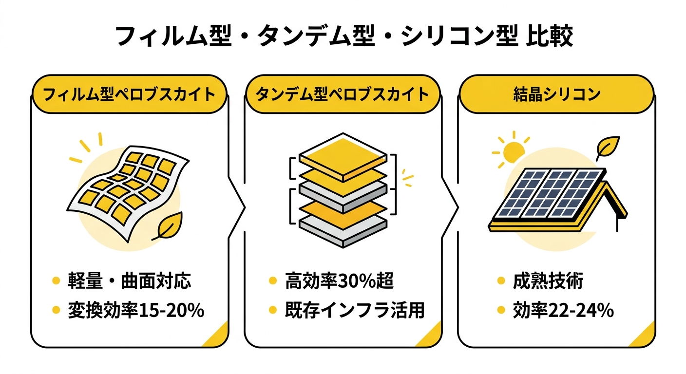 フィルム型・タンデム型・シリコン型 太陽電池の比較インフォグラフィック