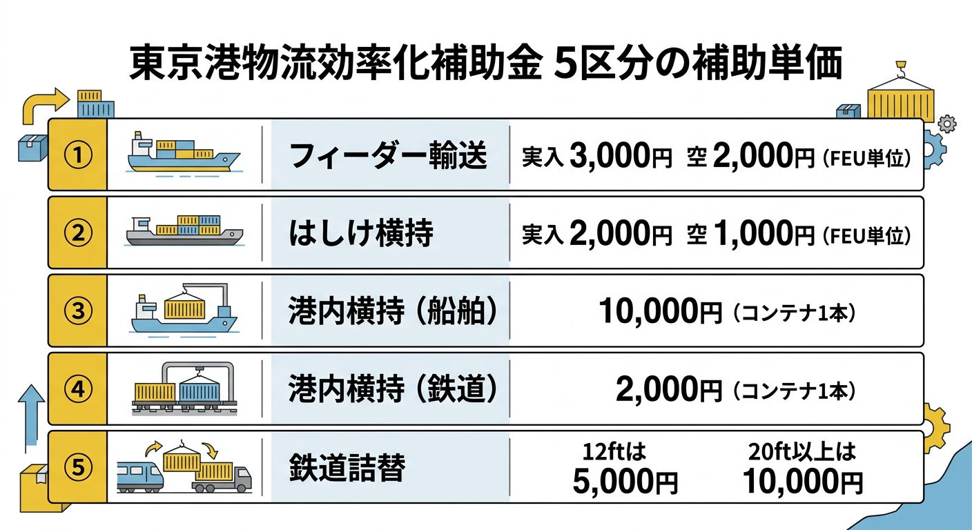 東京港物流効率化補助金 5区分の補助単価一覧