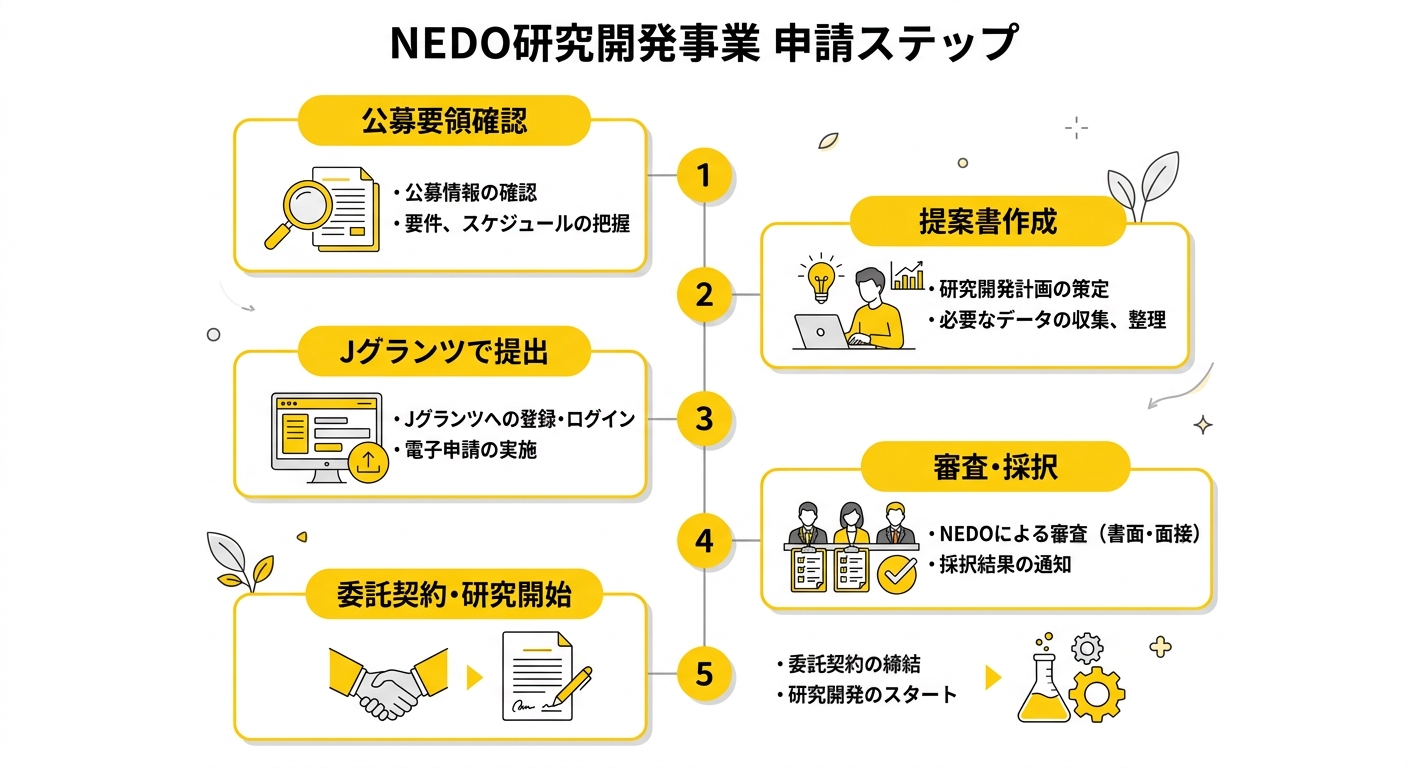 NEDO委託研究の申請ステップ（公募要領確認→提案書作成→Jグランツ提出→審査採択→委託契約）