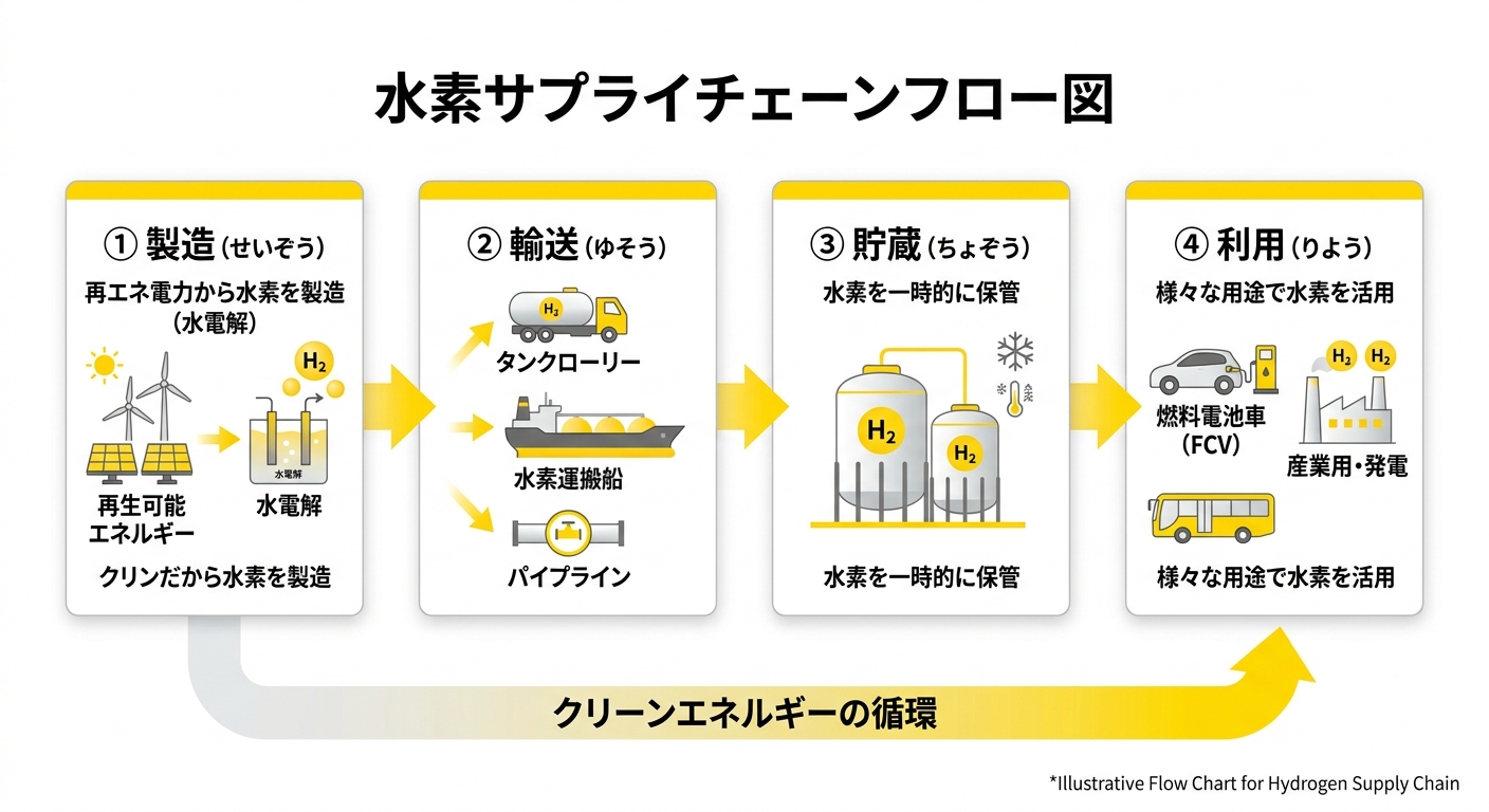 水素サプライチェーン全体フロー図（製造→輸送→貯蔵→利用）