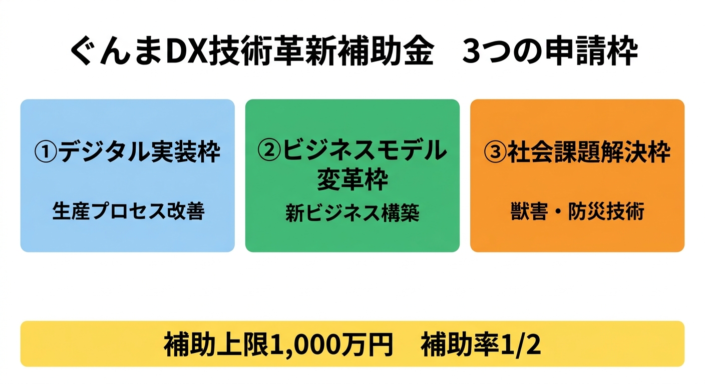 ぐんまDX技術革新補助金 3つの申請枠の比較図