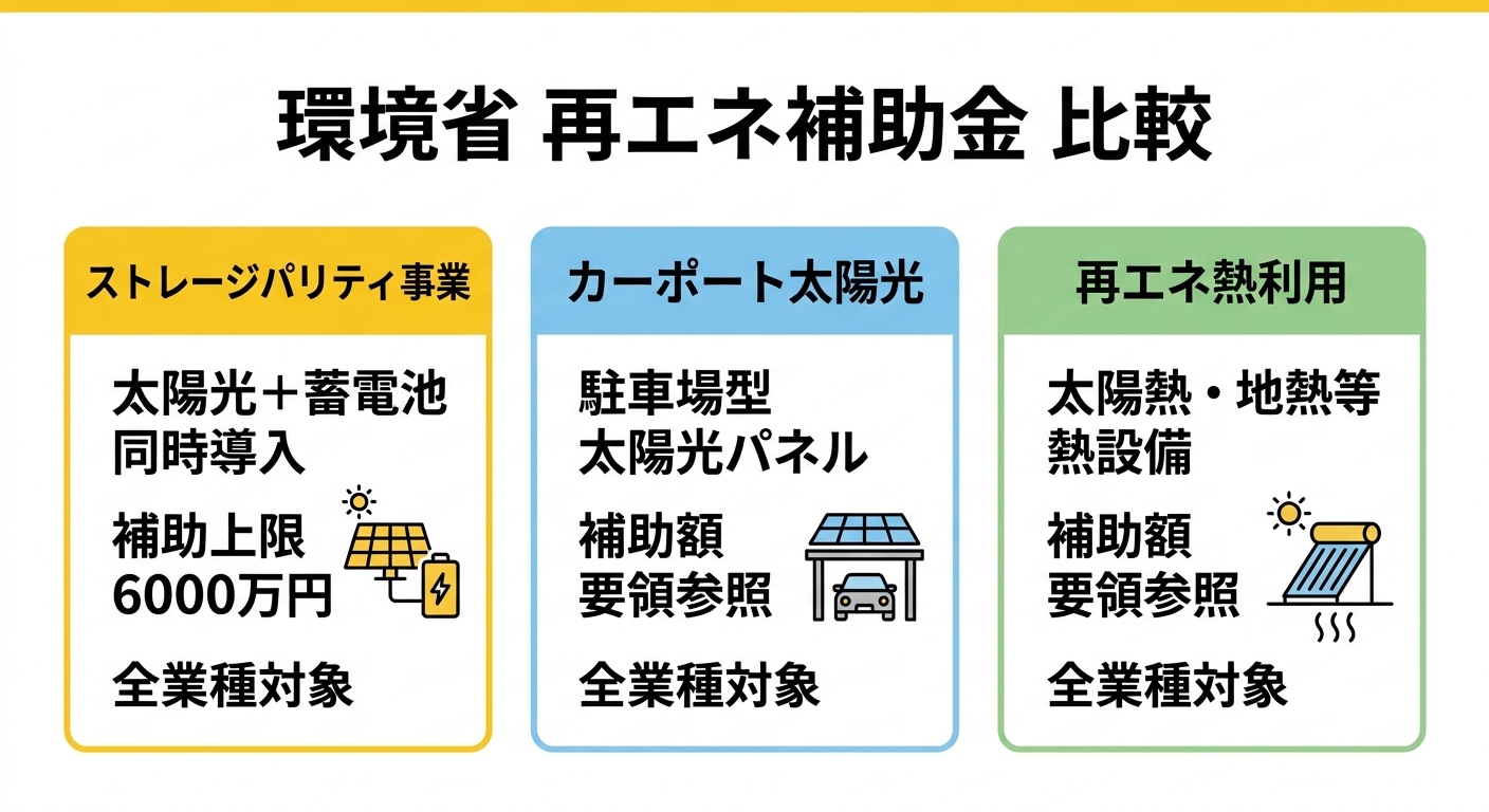 環境省 再エネ補助金 比較（ストレージパリティ事業・カーポート太陽光・再エネ熱利用）