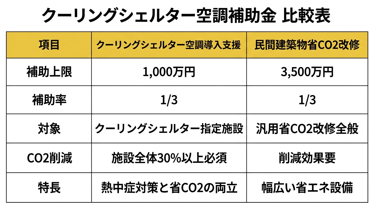 クーリングシェルター空調補助金と省CO2改修補助金の比較表