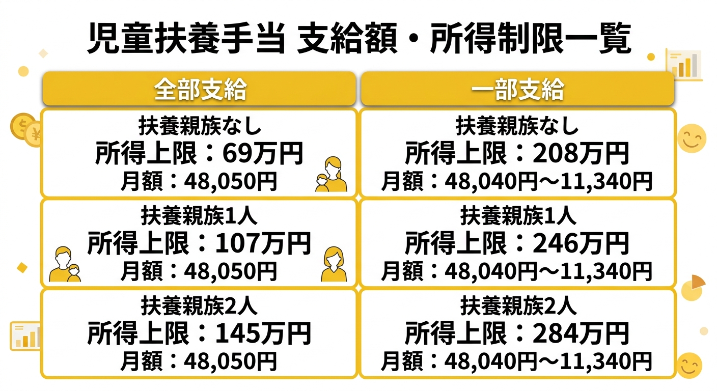児童扶養手当 支給額・所得制限一覧