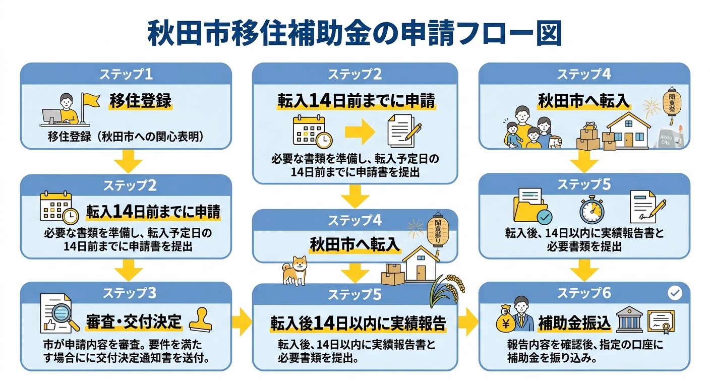 申請フロー（秋田市子育て世帯移住促進事業補助金）