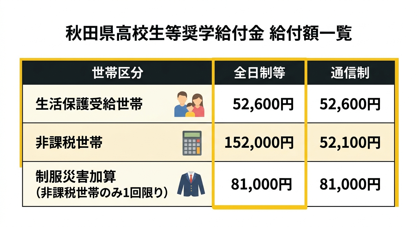 給付金額一覧の表(生活保護受給世帯・非課税世帯・通信制別)