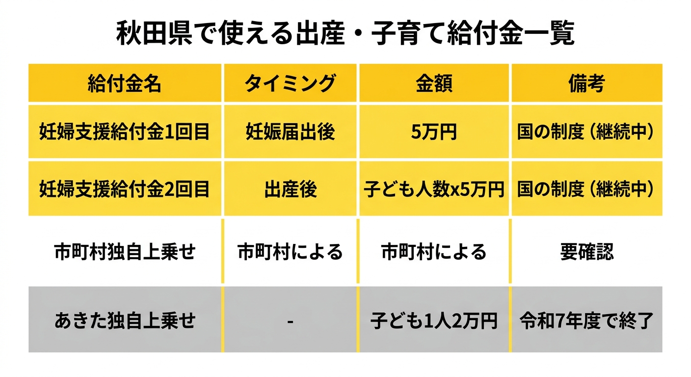 秋田県の出産子育て給付金比較表