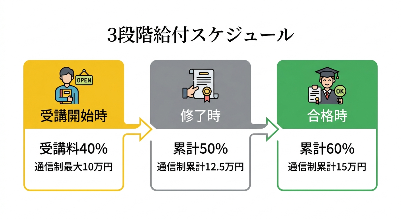 3段階給付スケジュール - 受講開始時・修了時・合格時の3段階で給付