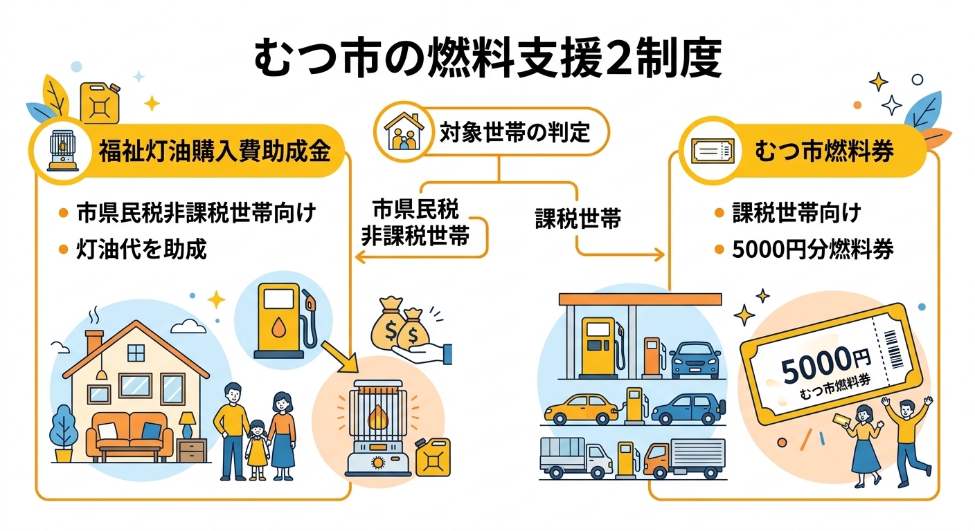 むつ市福祉灯油購入費助成金 対象者と制度比較図