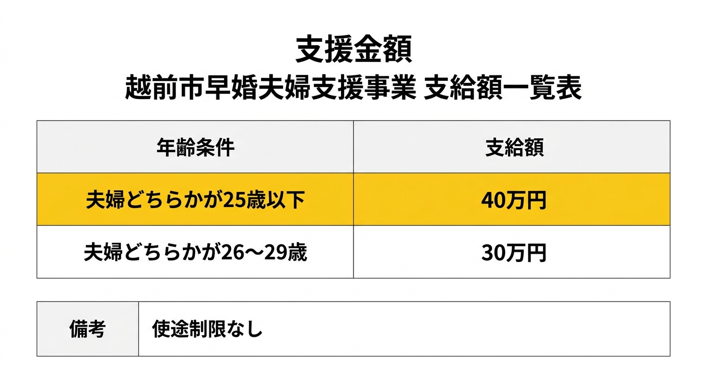 越前市早婚夫婦支援事業 支給額一覧表