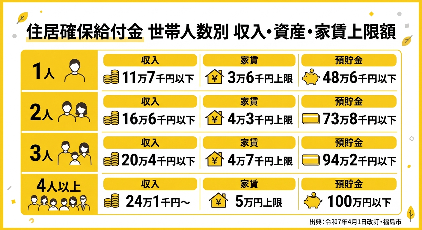 住居確保給付金 世帯人数別 収入・資産・家賃上限額