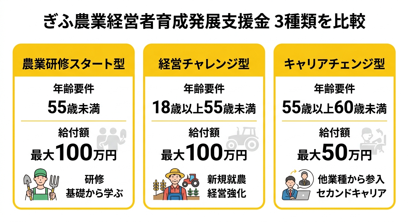 ぎふ農業経営者育成発展支援金の3種類比較表