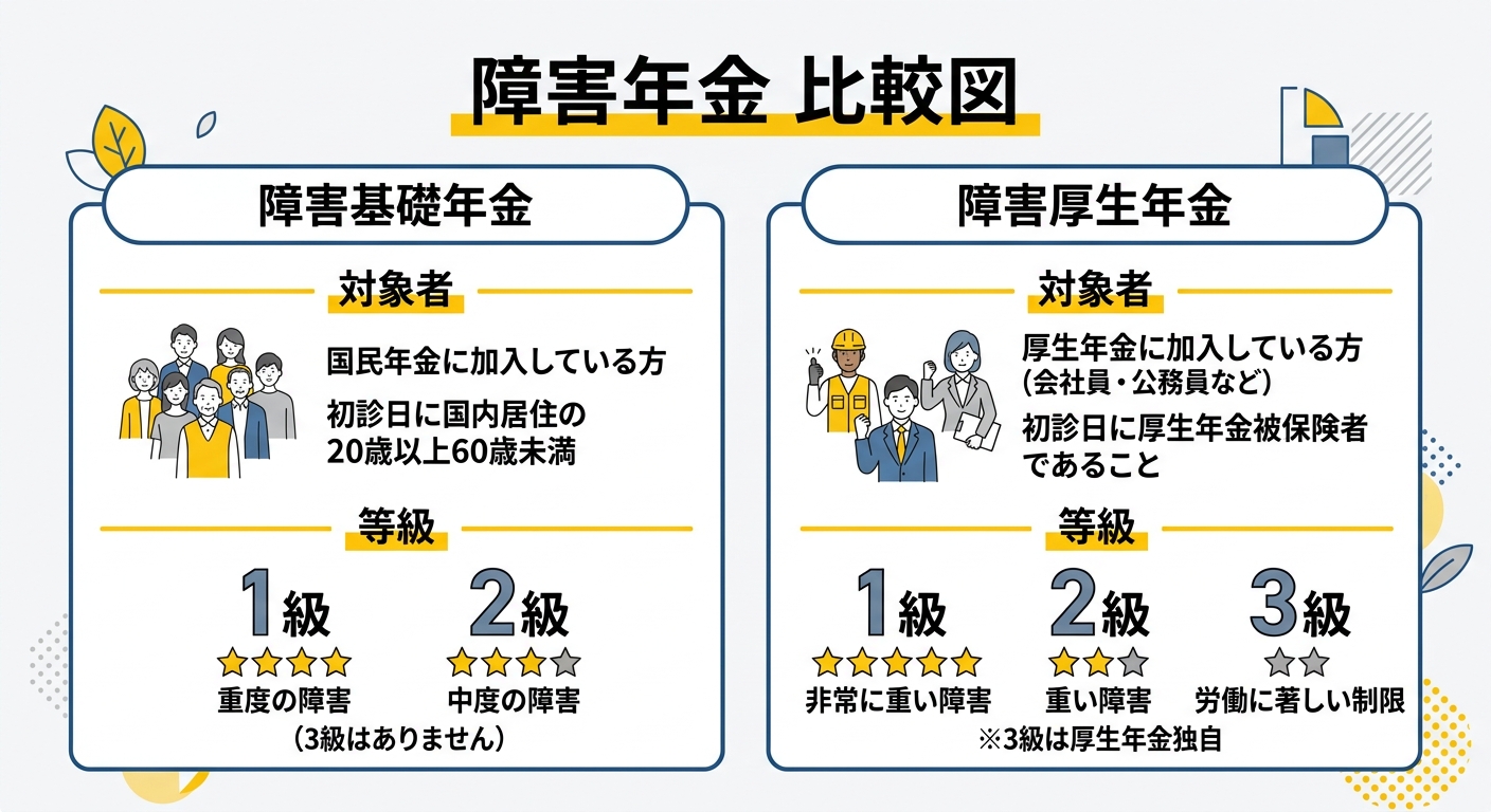障害基礎年金と障害厚生年金の比較図