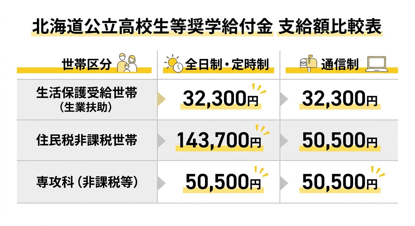 北海道公立高校生等奨学給付金 支給額比較表