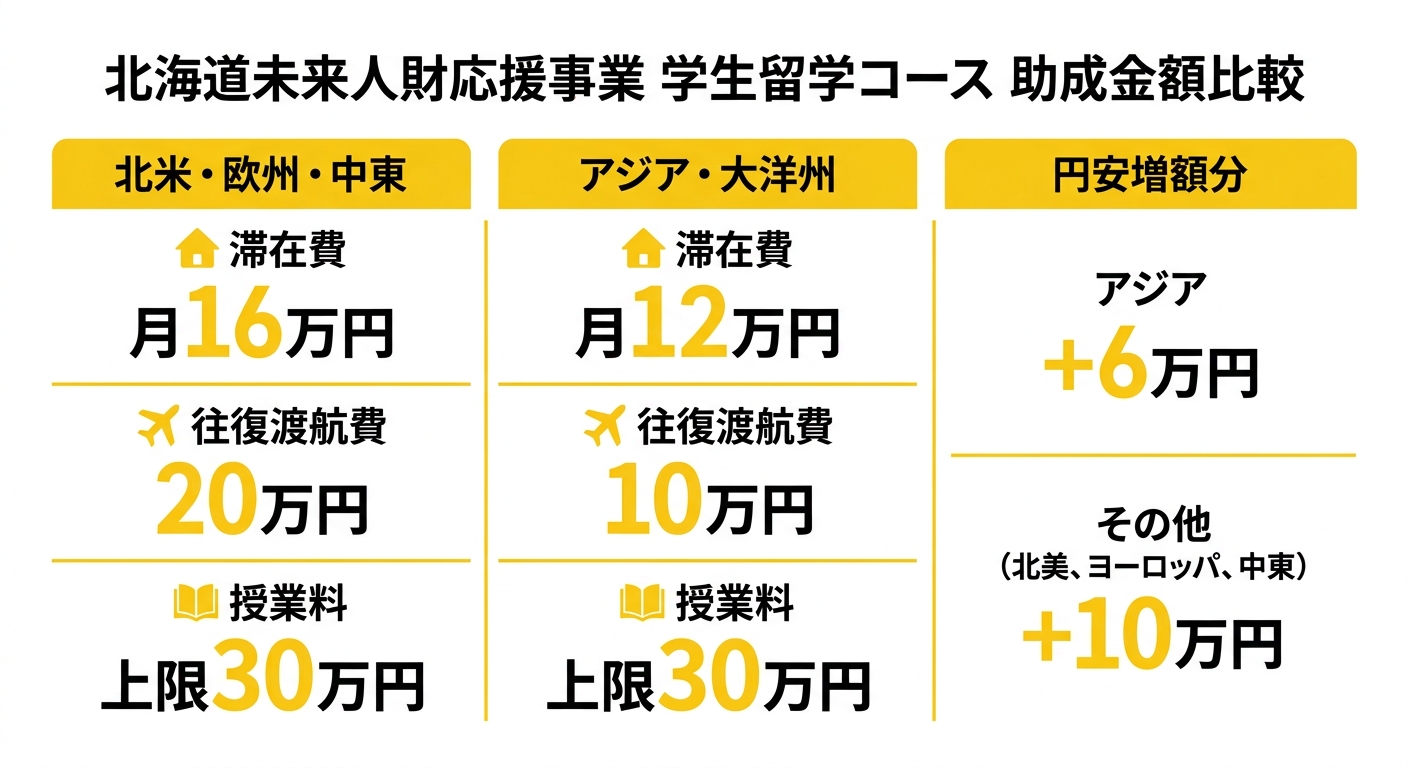 北海道未来人財応援事業 学生留学コース 助成金額比較