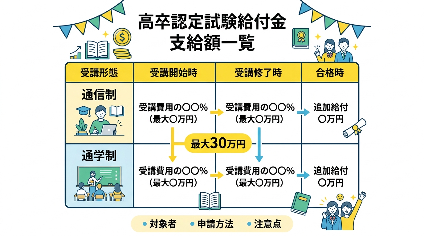 高卒認定試験給付金 支給額一覧（通信制と通学制の比較表）
