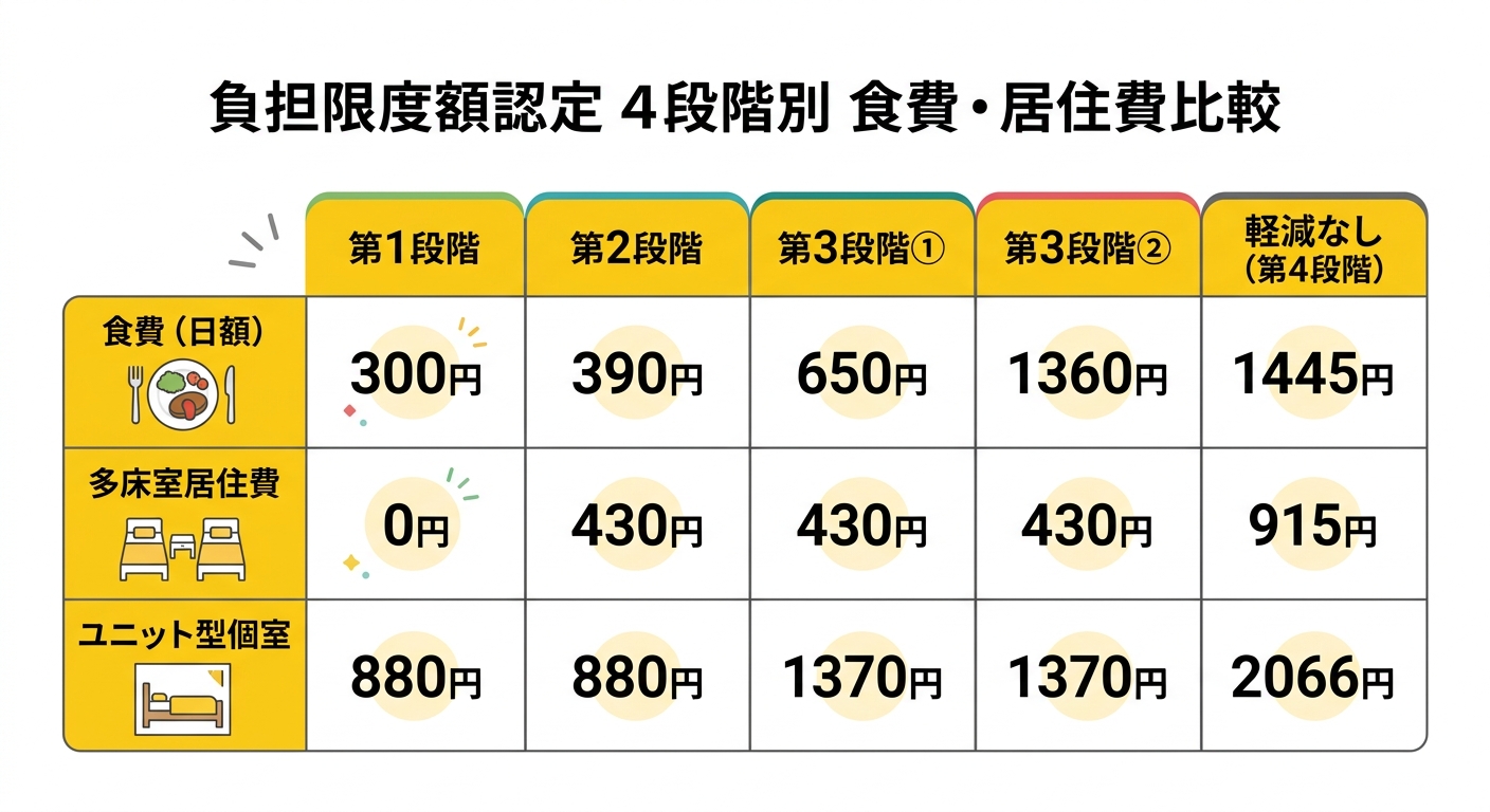 負担限度額認定 4段階別 食費・居住費比較