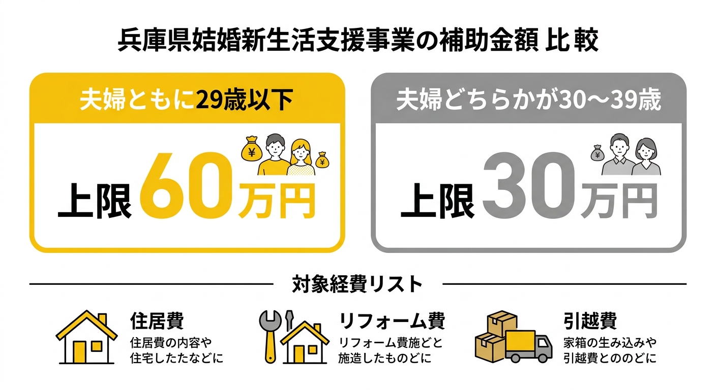 兵庫県結婚新生活支援事業 補助金額比較