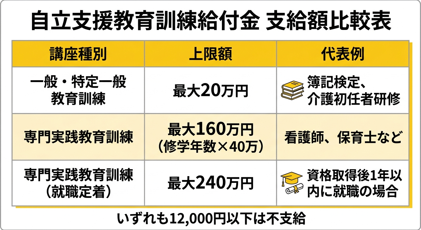 自立支援教育訓練給付金 支給額比較表