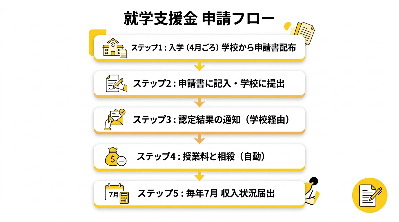 就学支援金の申請フロー図（入学から受給まで）