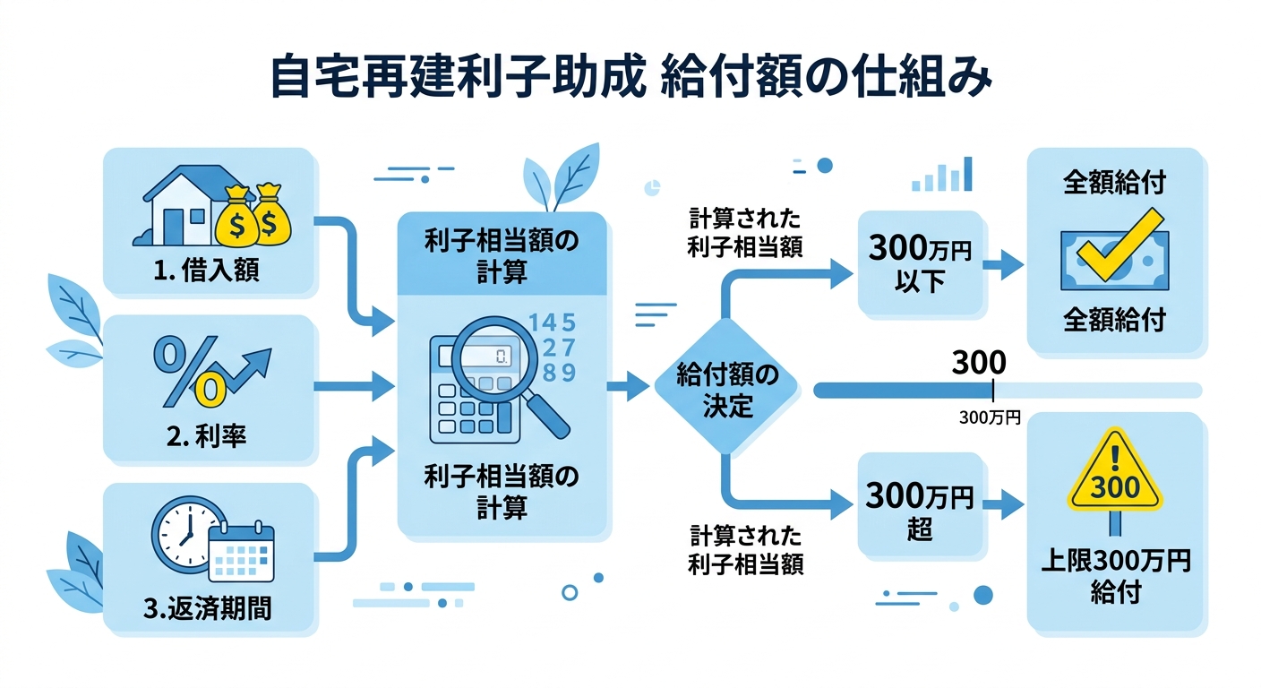 自宅再建利子助成事業給付金 給付額の仕組み図解