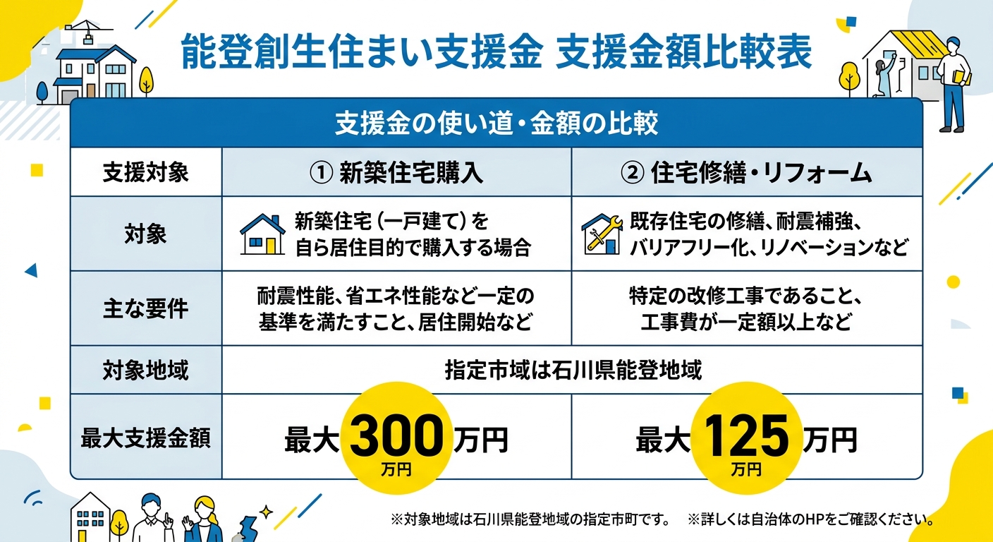 能登創生住まい支援金 支援金額比較表