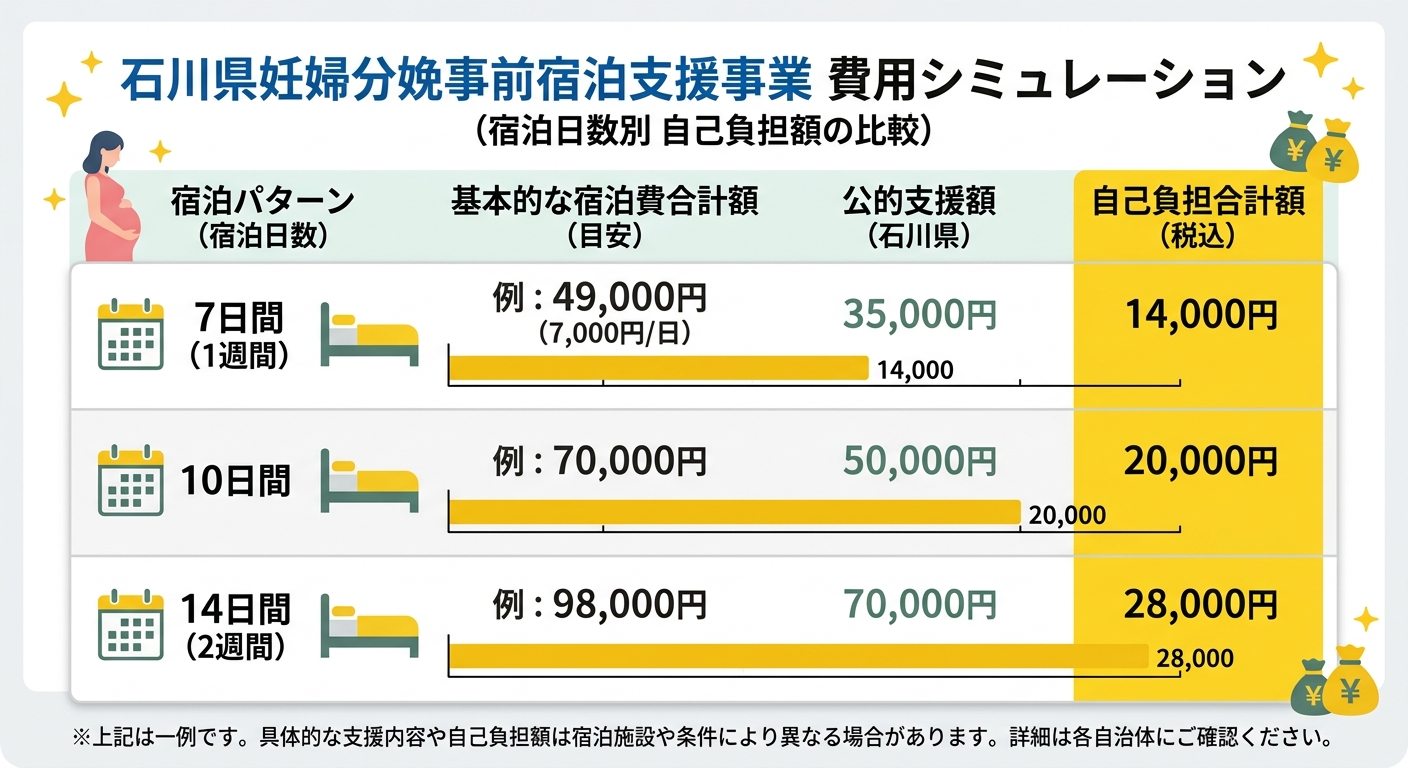 石川県妊婦分娩事前宿泊支援事業 費用シミュレーション（7日間・10日間・14日間）