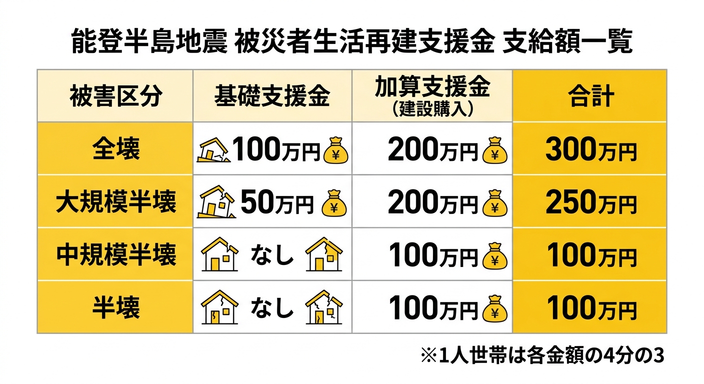能登半島地震 被災者生活再建支援金 支給額一覧