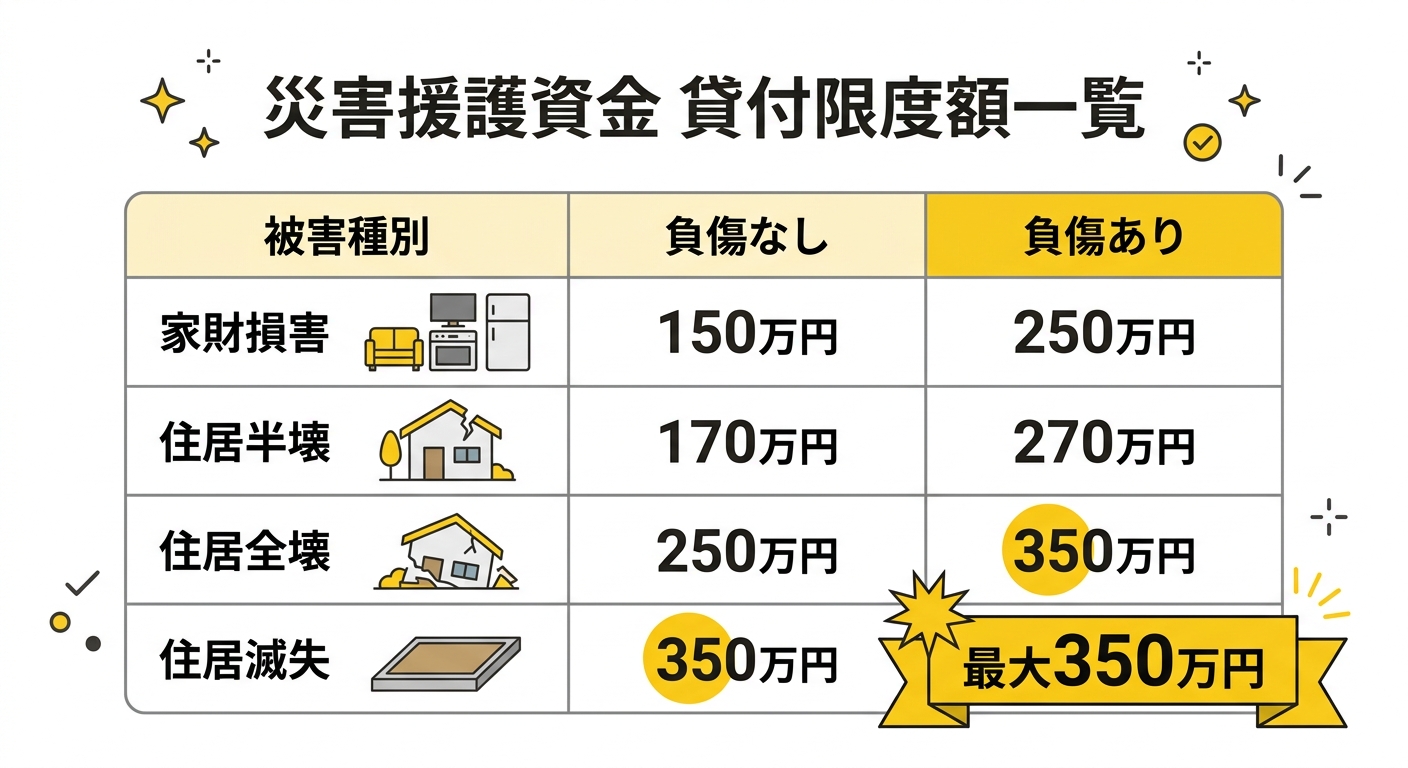 災害援護資金 貸付限度額一覧
