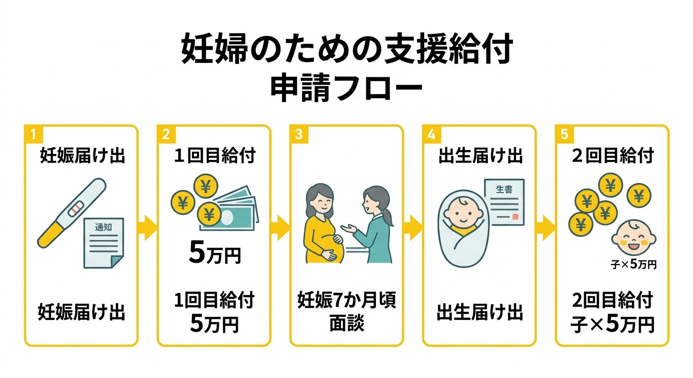 妊婦のための支援給付 申請フロー（妊娠届け出から出生届け出まで）