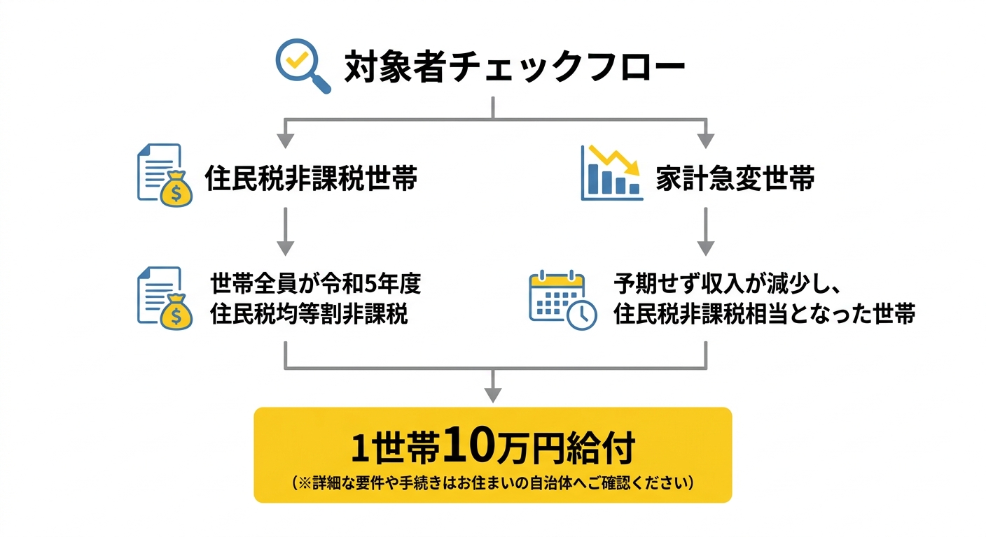 対象者チェックフロー 住民税非課税世帯と家計急変世帯の分岐図