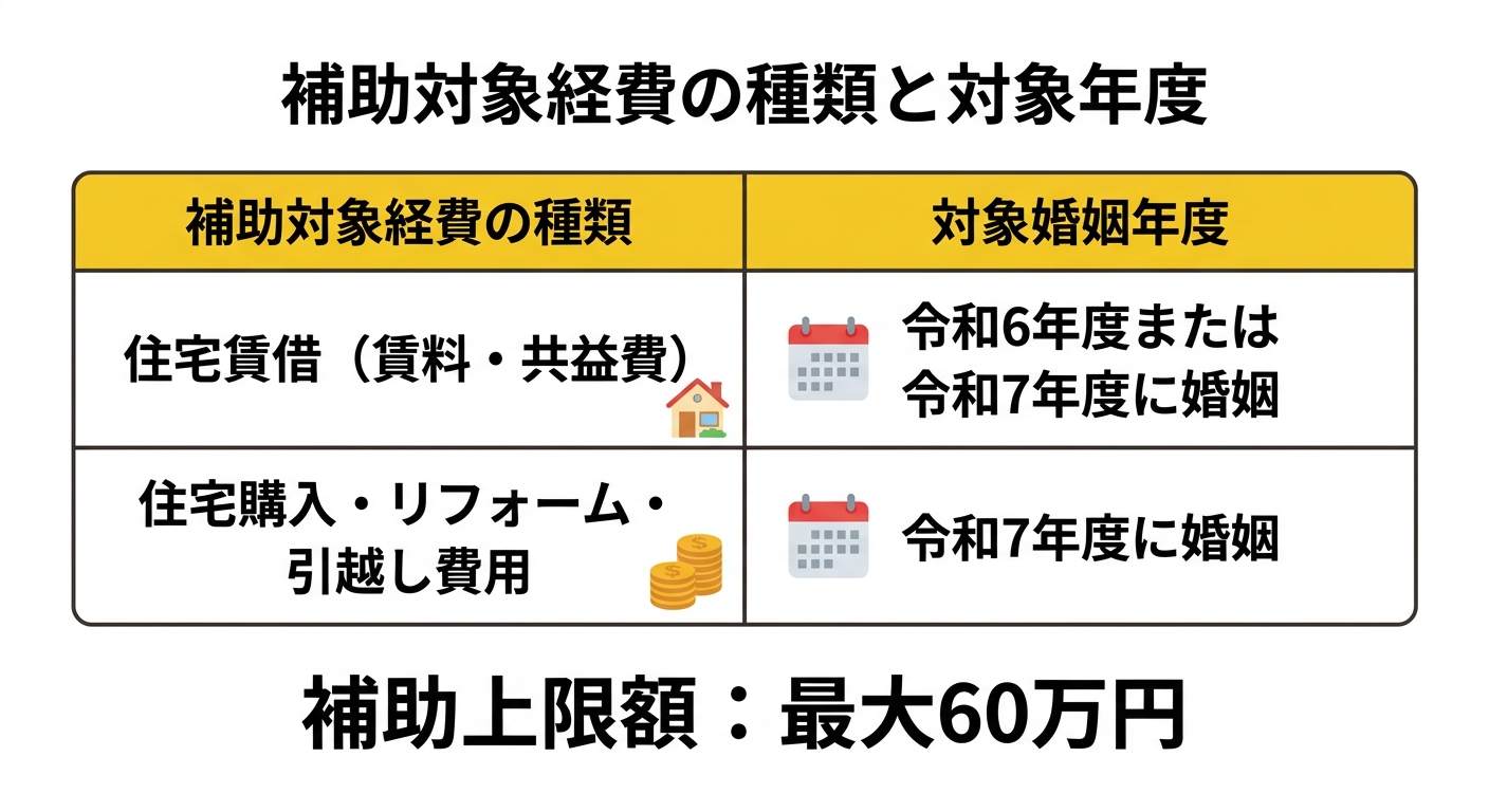 補助対象経費の種類と対象婚姻年度
