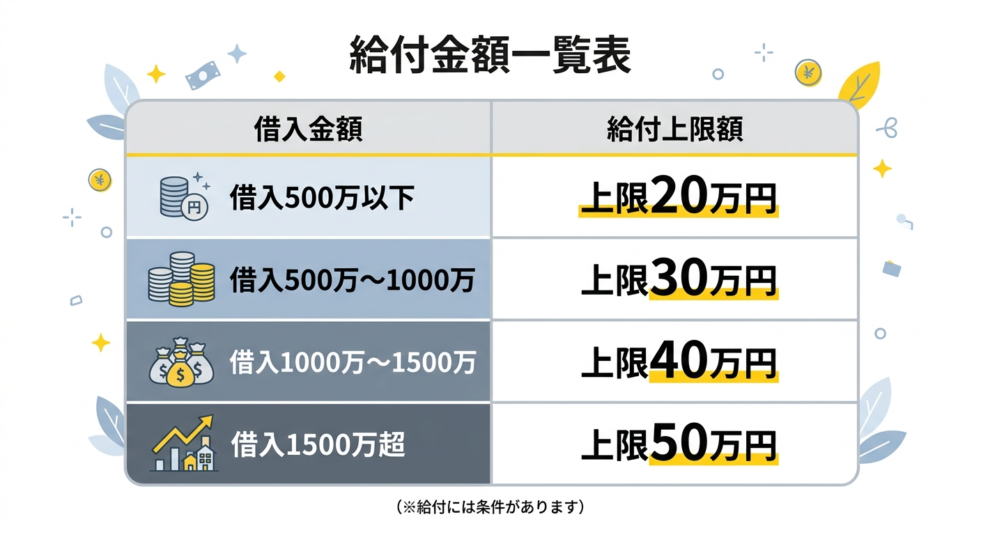 給付金額一覧表 - 借入額と給付上限の対応