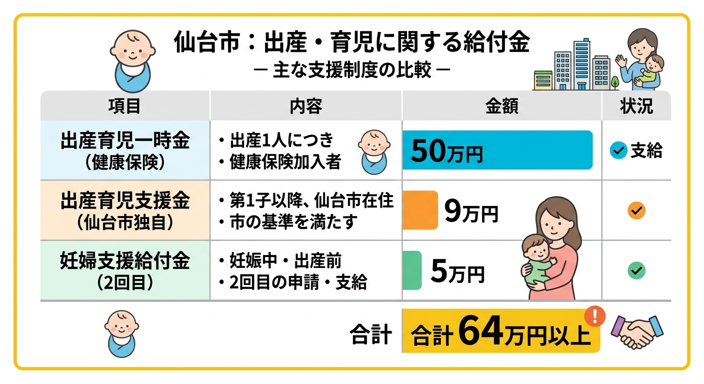 仙台市 出産育児支援金と他の給付金の比較