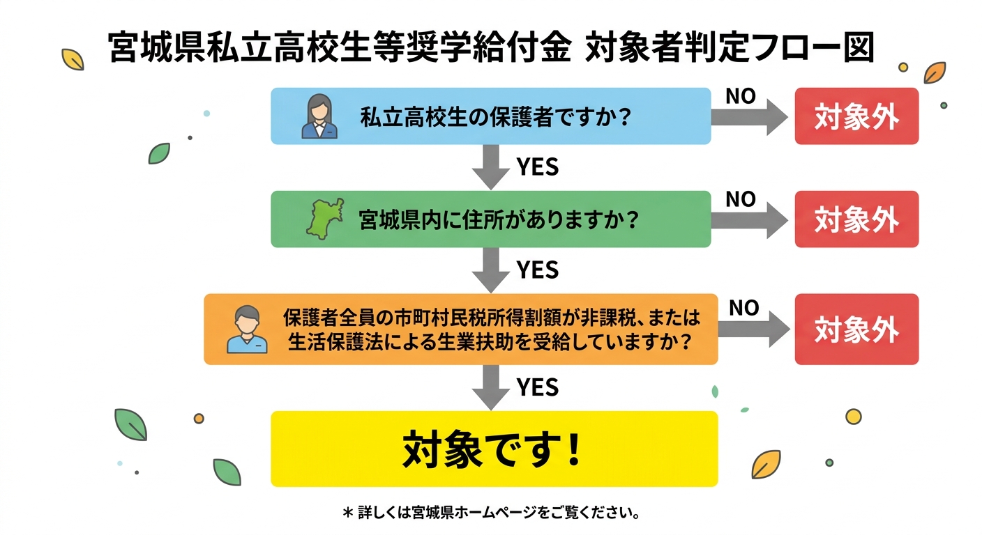 宮城県私立高校生等奨学給付金 対象者判定フロー図