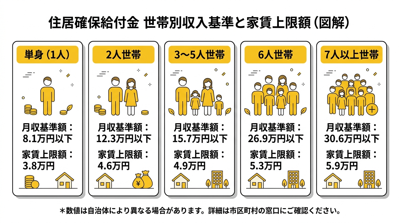 住居確保給付金 世帯別収入基準と家賃上限額