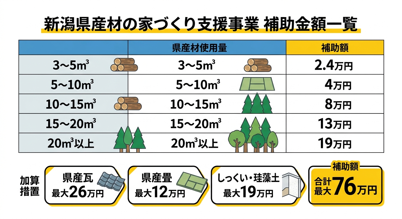 新潟県産材の家づくり支援事業 補助金額一覧