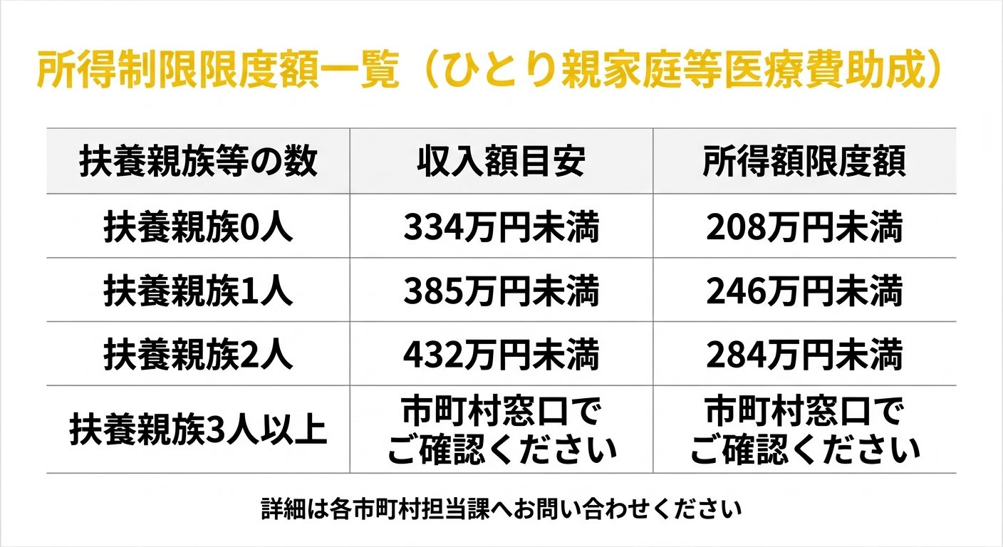 所得制限限度額一覧（ひとり親家庭等医療費助成）