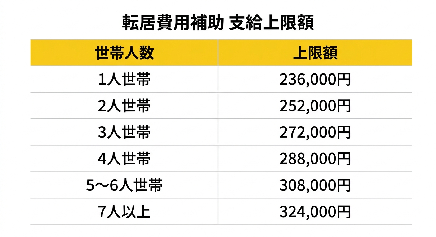 転居費用補助 支給上限額一覧表